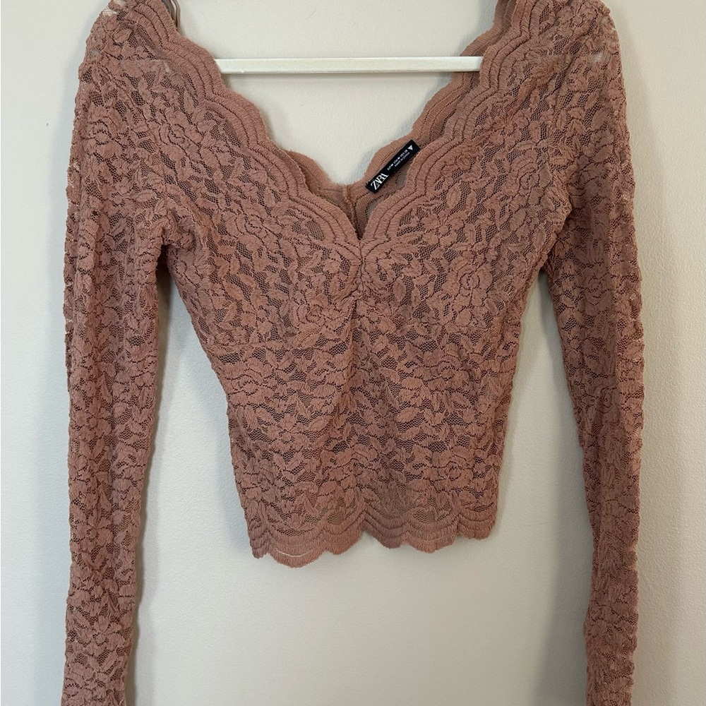 ZARA Women's Lace V-Neck Long Sleeve Top in Light Brown